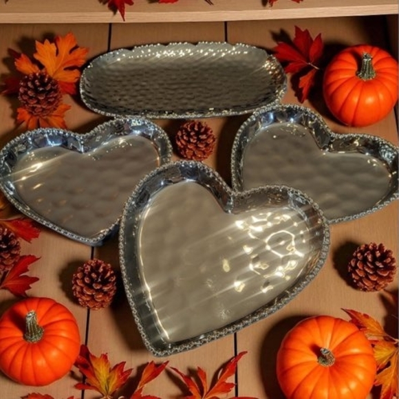Hammered Metal Trays Serveware Home Decor Trinket Dish Display Festive - Picture 1 of 5